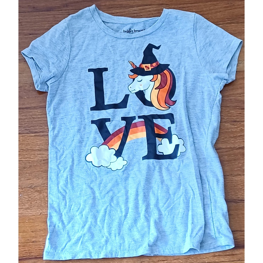 Bobbie Brooks Graphic Tee Girls L 10/12 Gray Unicorn Witch Rainbow LOVE Shirt